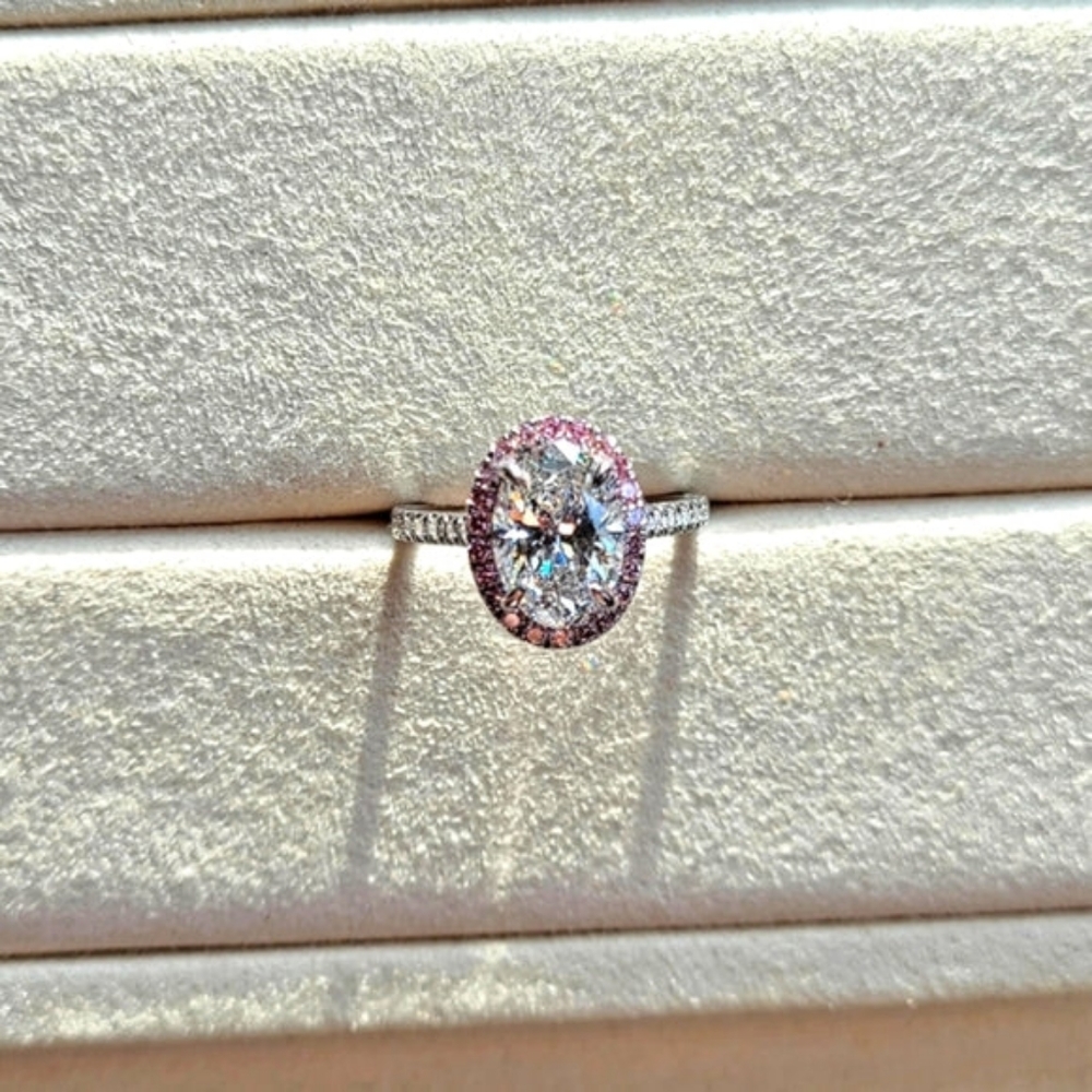 Solid 14k gold 2ct f VS1 lab oval diamond ring with halo lab pink diamond